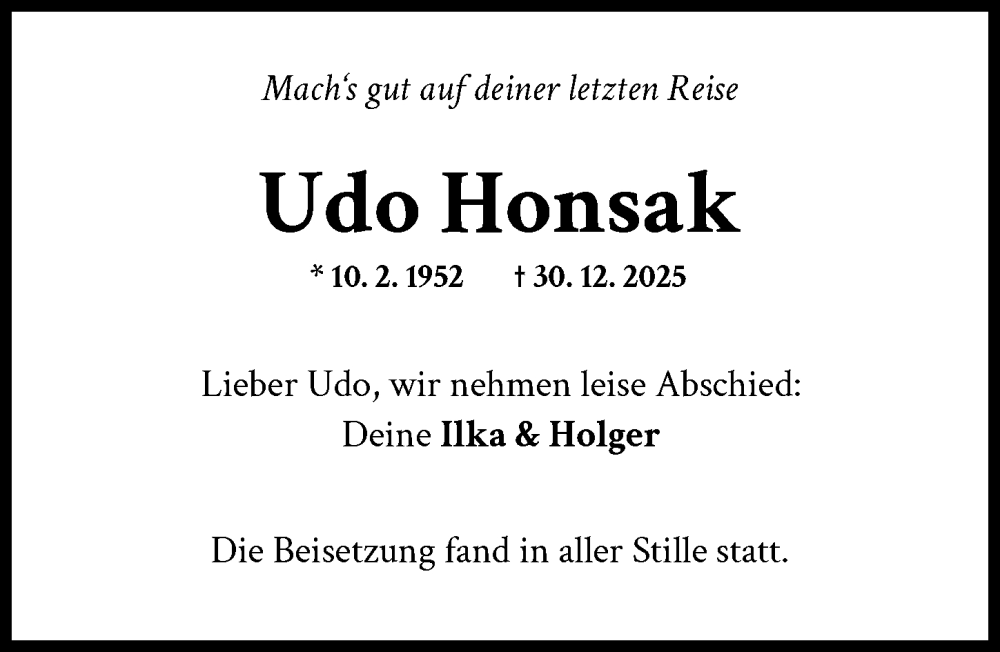  Traueranzeige für Udo Honsak vom 07.02.2026 aus Landsberger Tagblatt