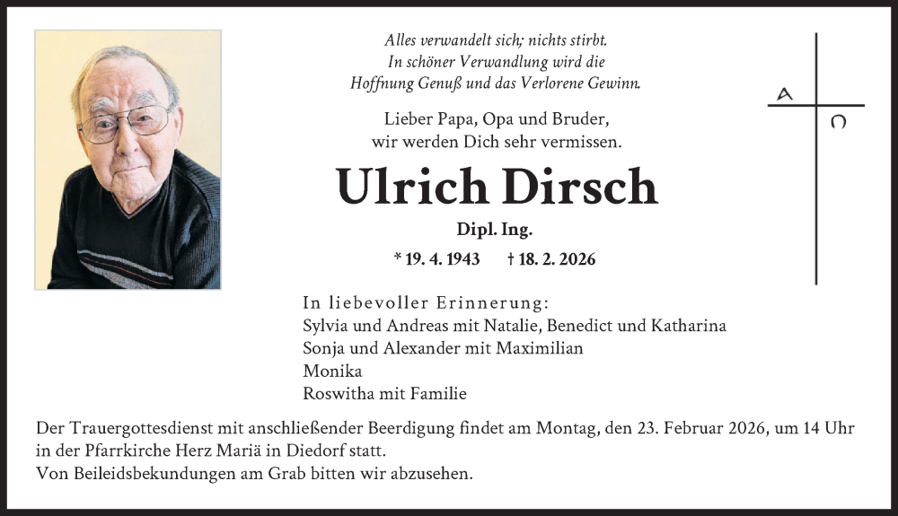  Traueranzeige für Ulrich Dirsch vom 21.02.2026 aus Augsburger Allgemeine