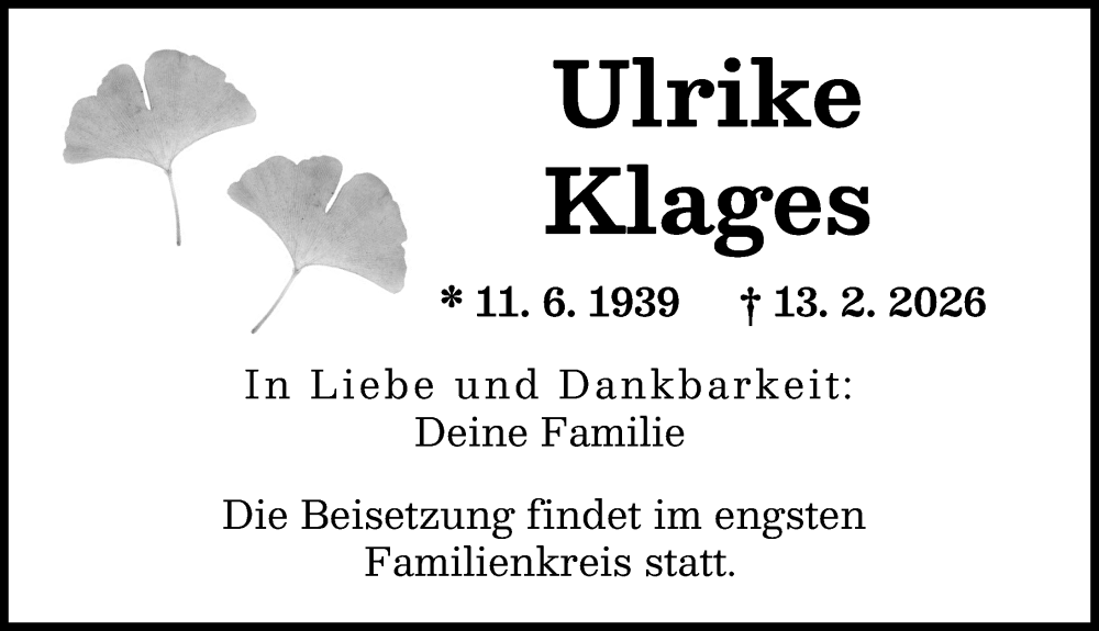  Traueranzeige für Ulrike Klages vom 21.02.2026 aus Landsberger Tagblatt