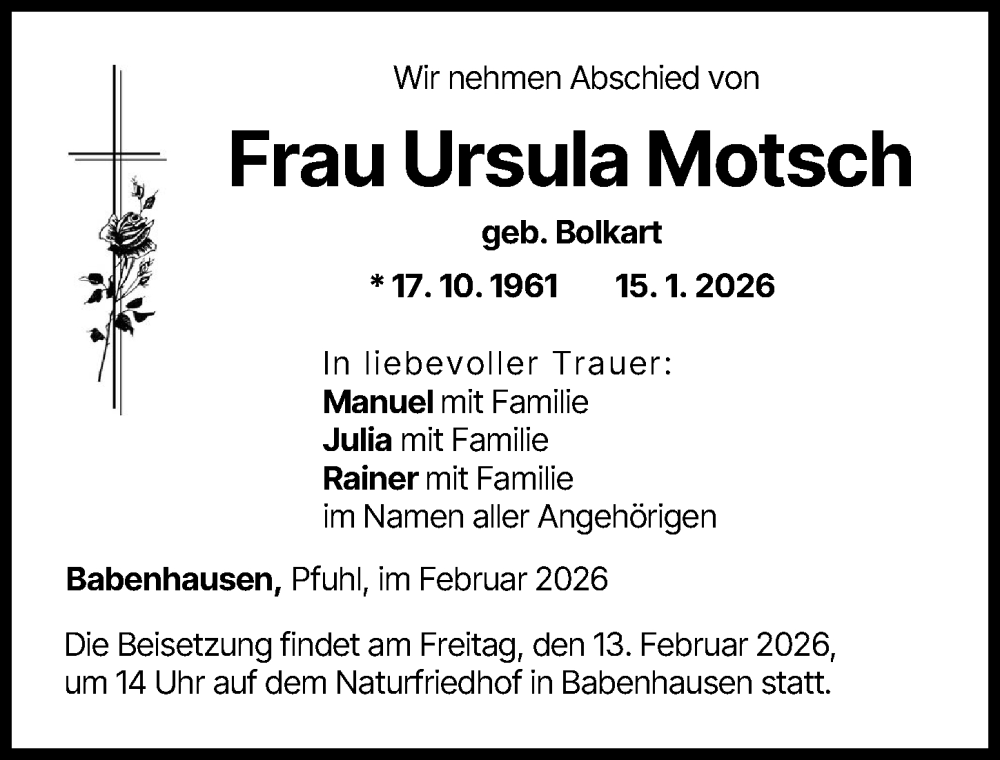  Traueranzeige für Ursula Motsch vom 07.02.2026 aus Illertisser Zeitung