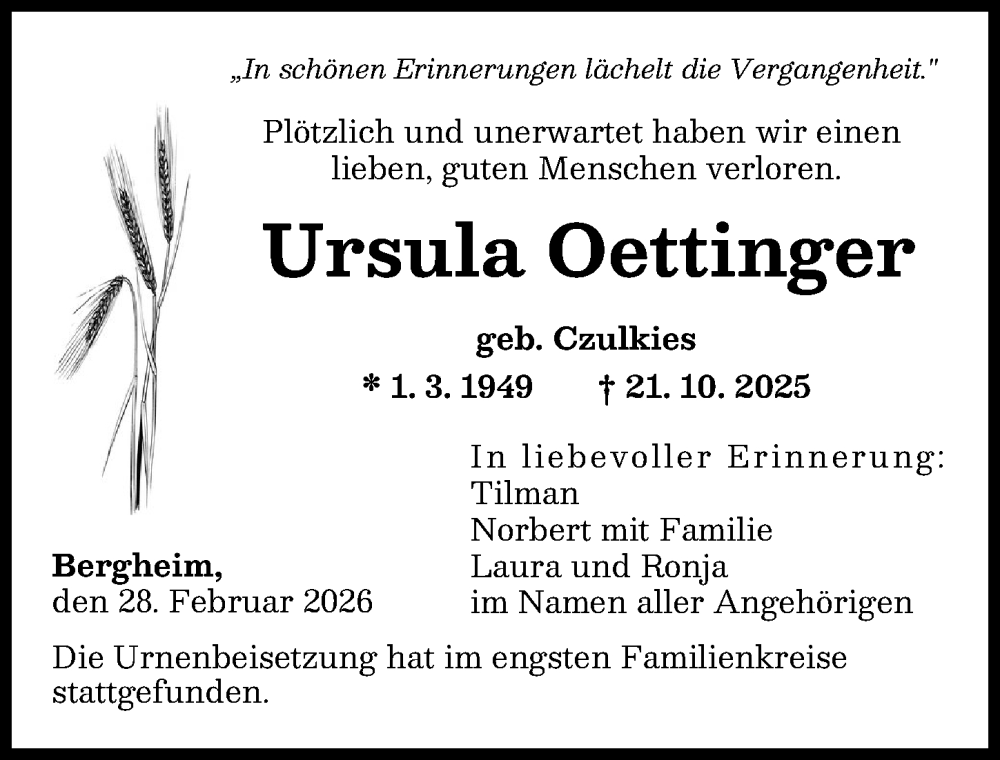  Traueranzeige für Ursula Oettinger vom 28.02.2026 aus Augsburger Allgemeine