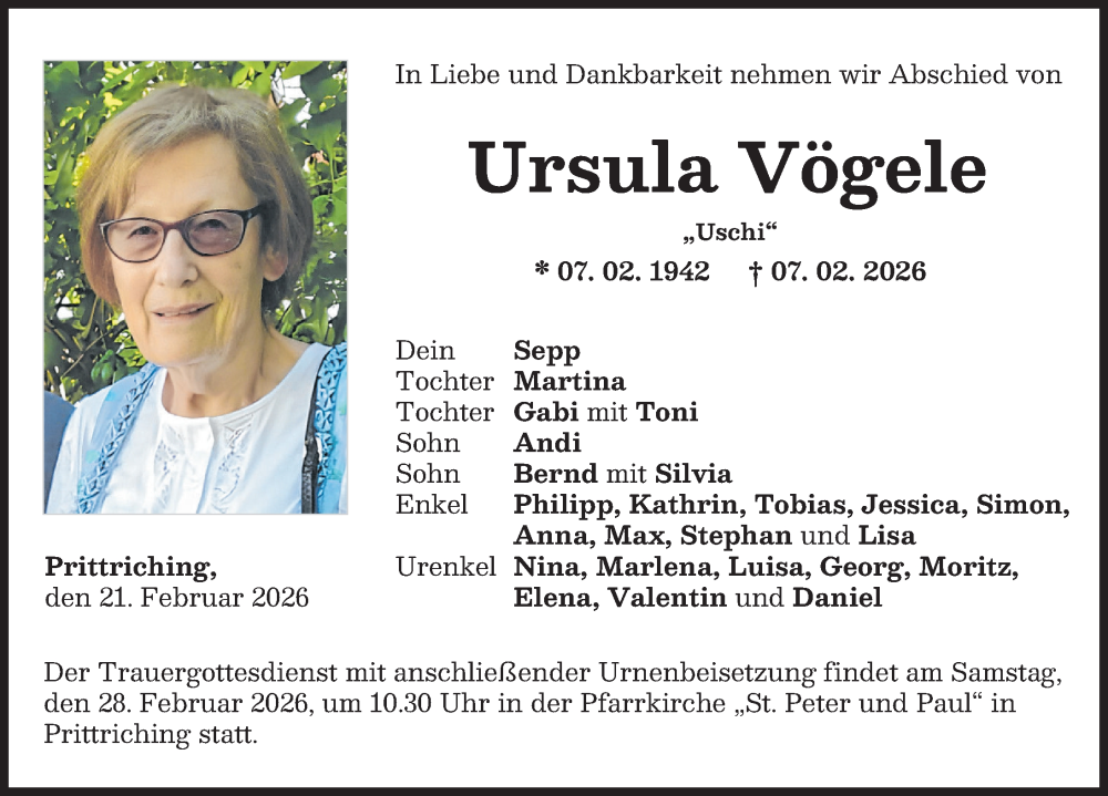  Traueranzeige für Ursula Vögele vom 21.02.2026 aus Landsberger Tagblatt