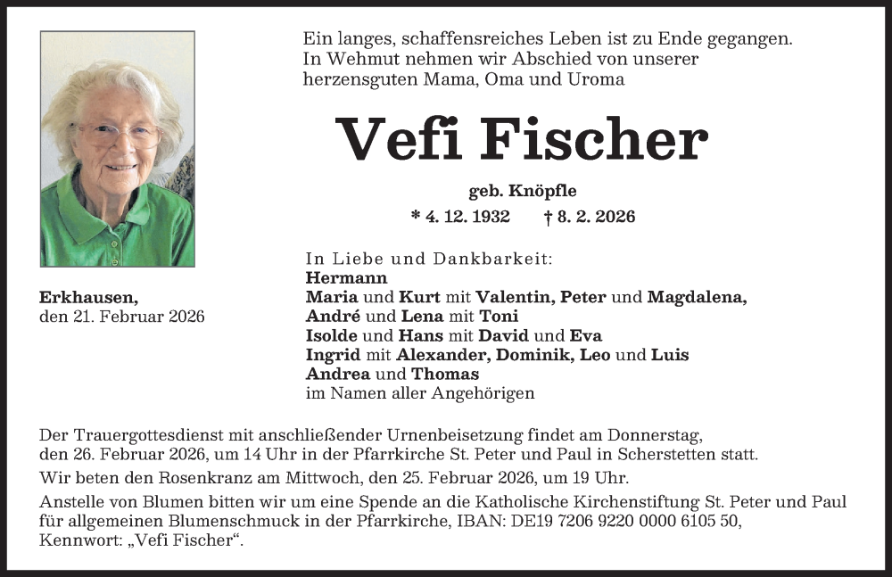  Traueranzeige für Vefi Fischer vom 21.02.2026 aus Schwabmünchner Allgemeine