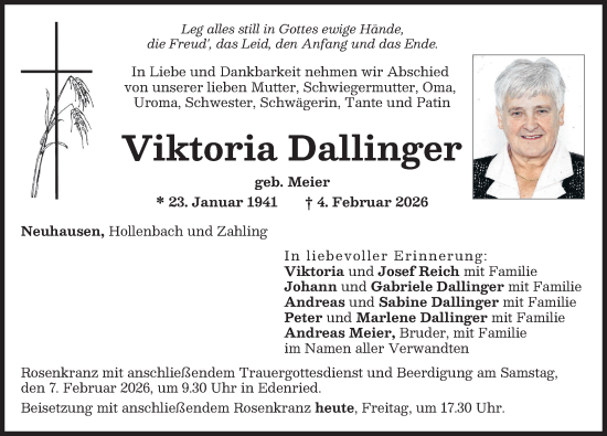 Traueranzeige von Viktoria Dallinger von Aichacher Nachrichten