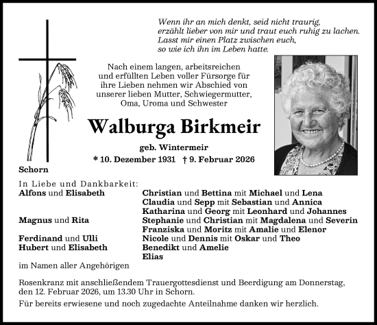 Traueranzeige von Walburga Birkmeir von Aichacher Nachrichten