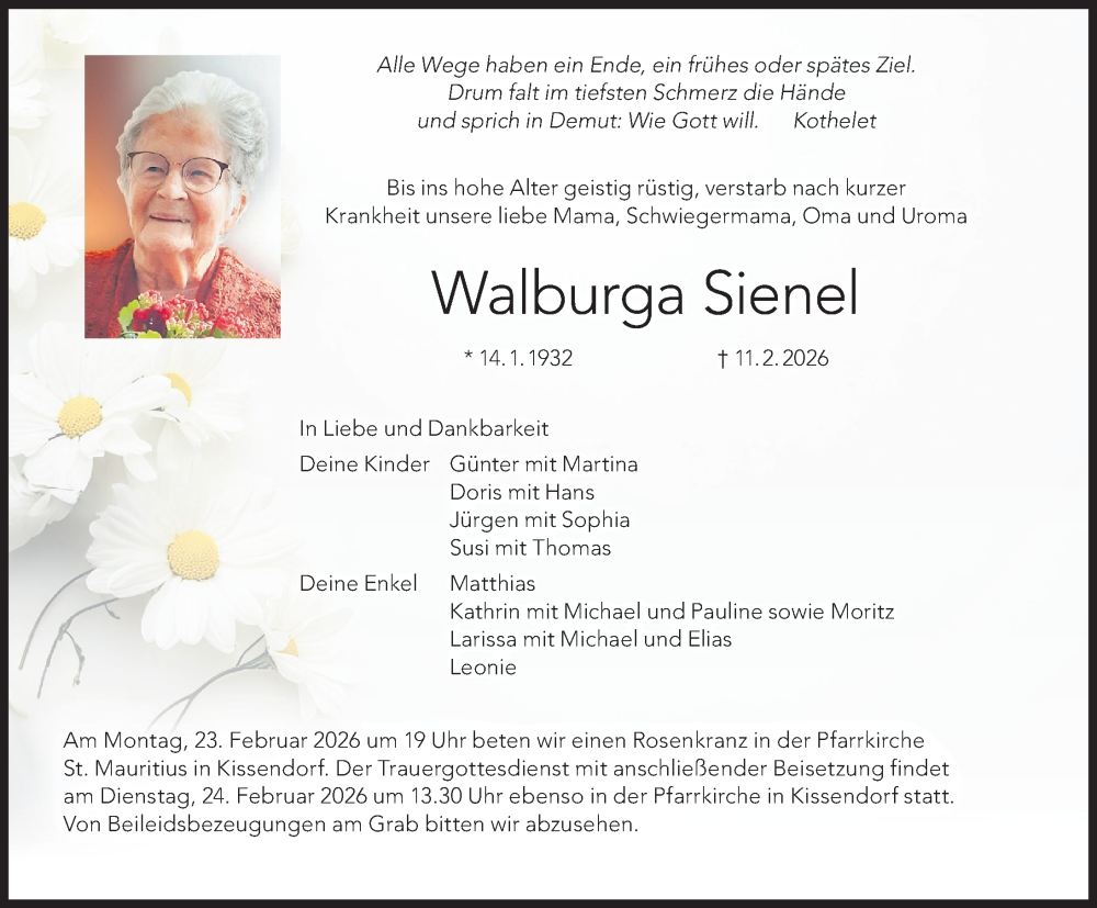  Traueranzeige für Walburga Sienel vom 18.02.2026 aus Günzburger Zeitung
