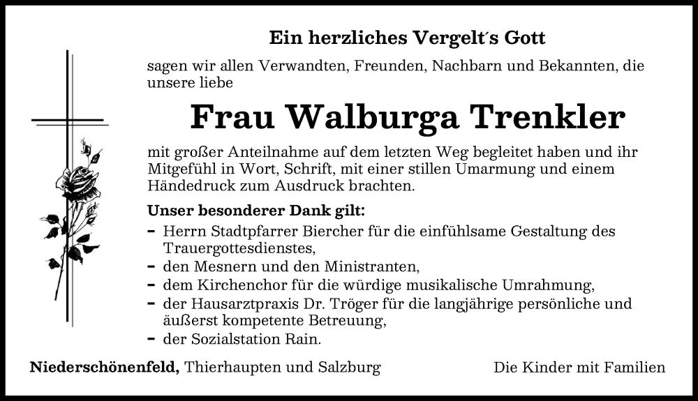 Traueranzeige von Walburga Trenkler von Donauwörther Zeitung