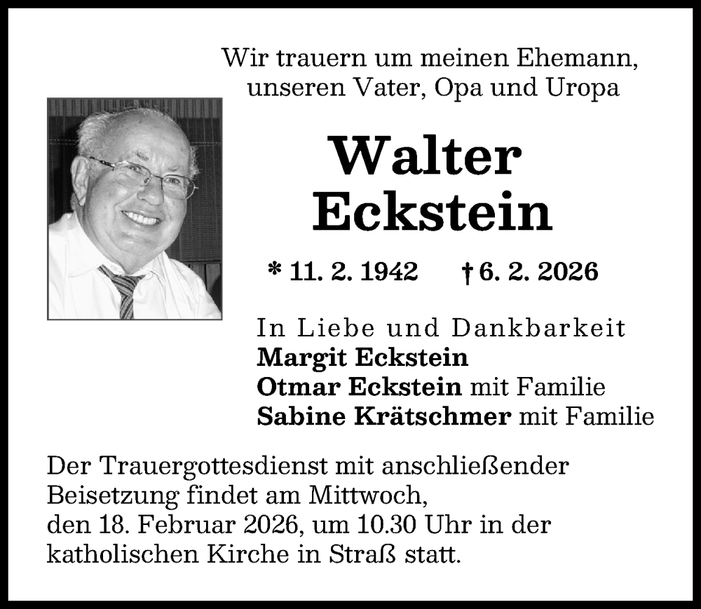  Traueranzeige für Walter Eckstein vom 14.02.2026 aus Neu-Ulmer Zeitung