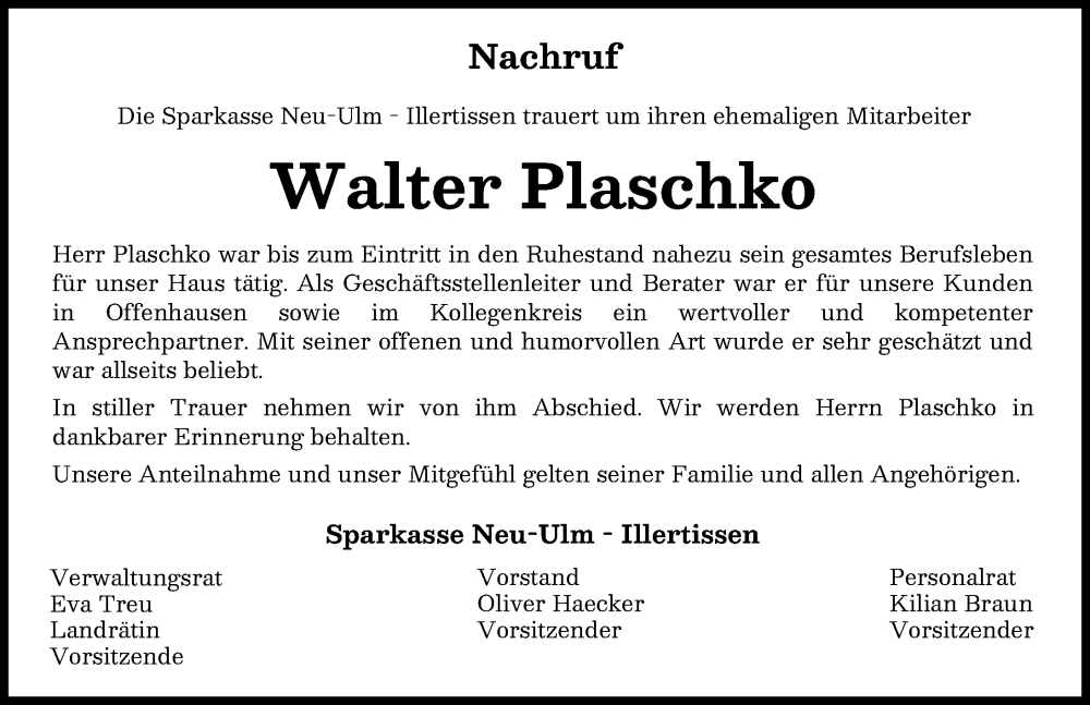  Traueranzeige für Walter Plaschko vom 25.02.2026 aus Neu-Ulmer Zeitung