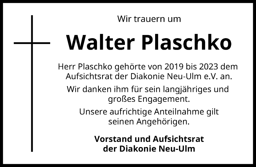  Traueranzeige für Walter Plaschko vom 28.02.2026 aus Neu-Ulmer Zeitung