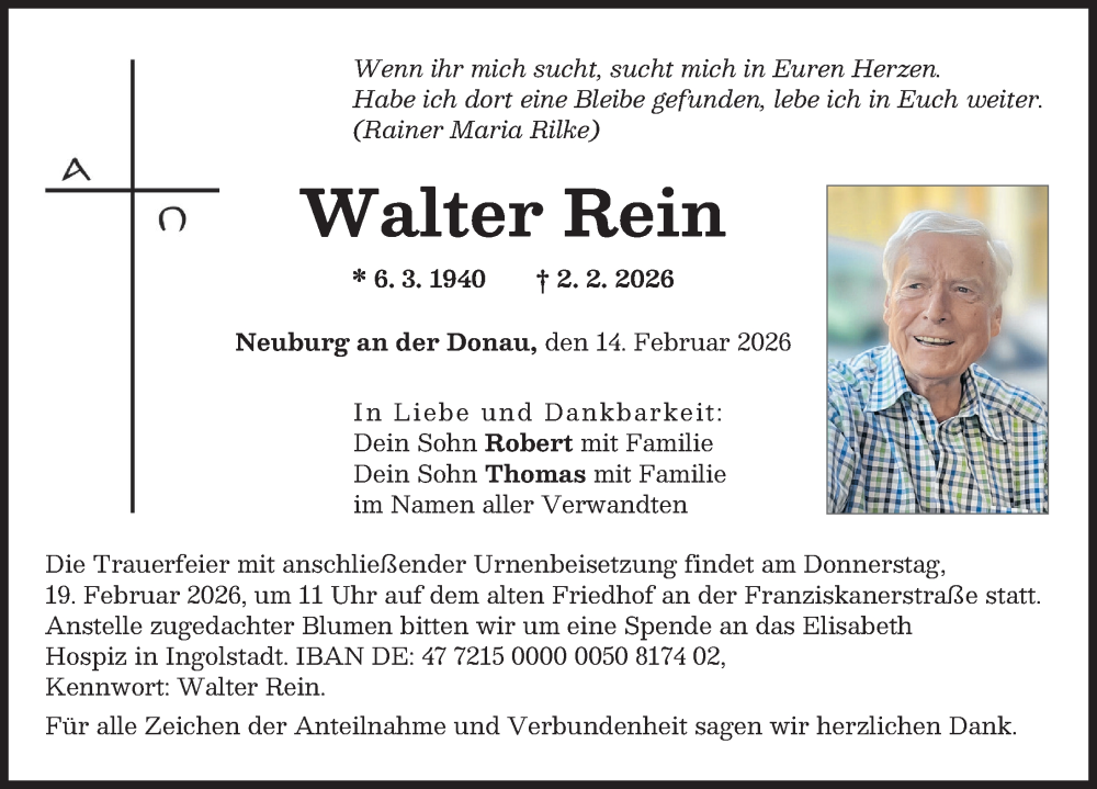  Traueranzeige für Walter Rein vom 14.02.2026 aus Neuburger Rundschau