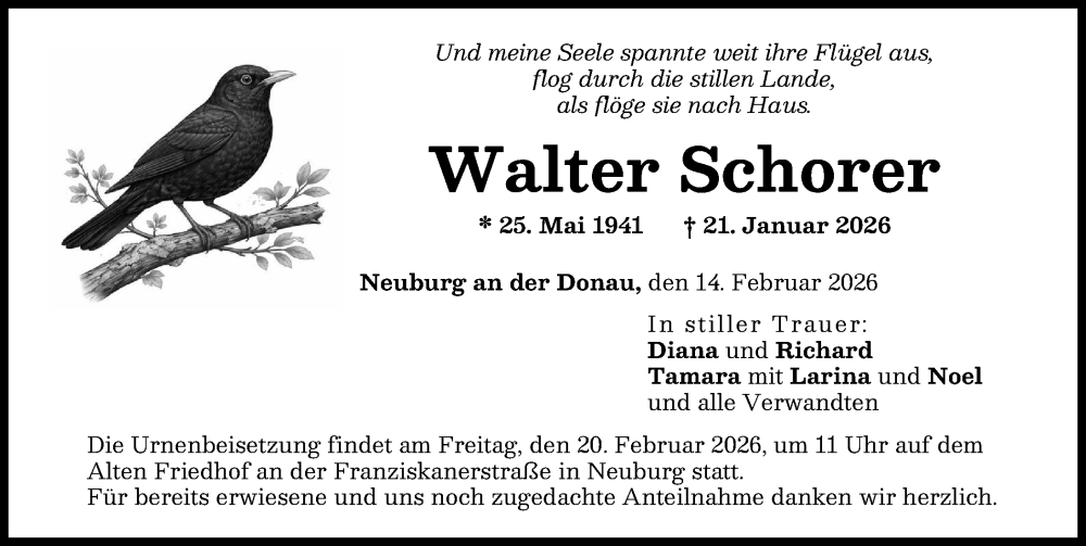  Traueranzeige für Walter Schorer vom 14.02.2026 aus Neuburger Rundschau