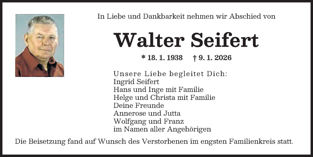  Traueranzeige für Walter Seifert vom 14.02.2026 aus Augsburger Allgemeine