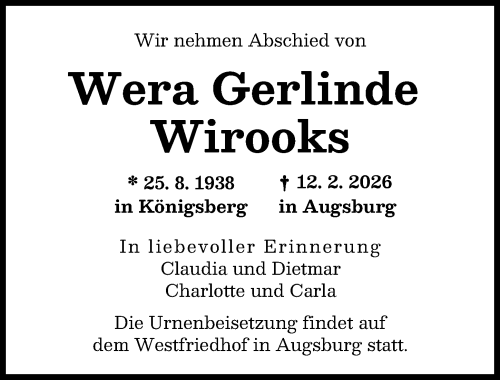  Traueranzeige für Wera Gerlinde Wirooks vom 28.02.2026 aus Augsburger Allgemeine