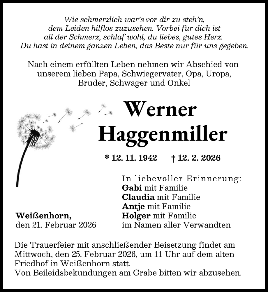  Traueranzeige für Werner Haggenmiller vom 21.02.2026 aus Neu-Ulmer Zeitung