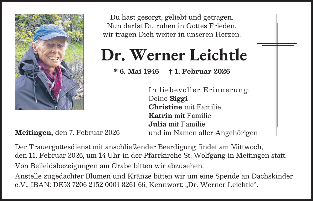  Traueranzeige für Werner Leichtle vom 07.02.2026 aus Augsburg-Land
