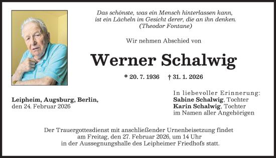 Traueranzeige von Werner Schalwig von Günzburger Zeitung