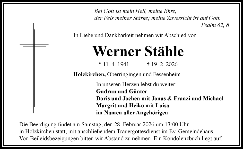  Traueranzeige für Werner Stähle vom 25.02.2026 aus Rieser Nachrichten