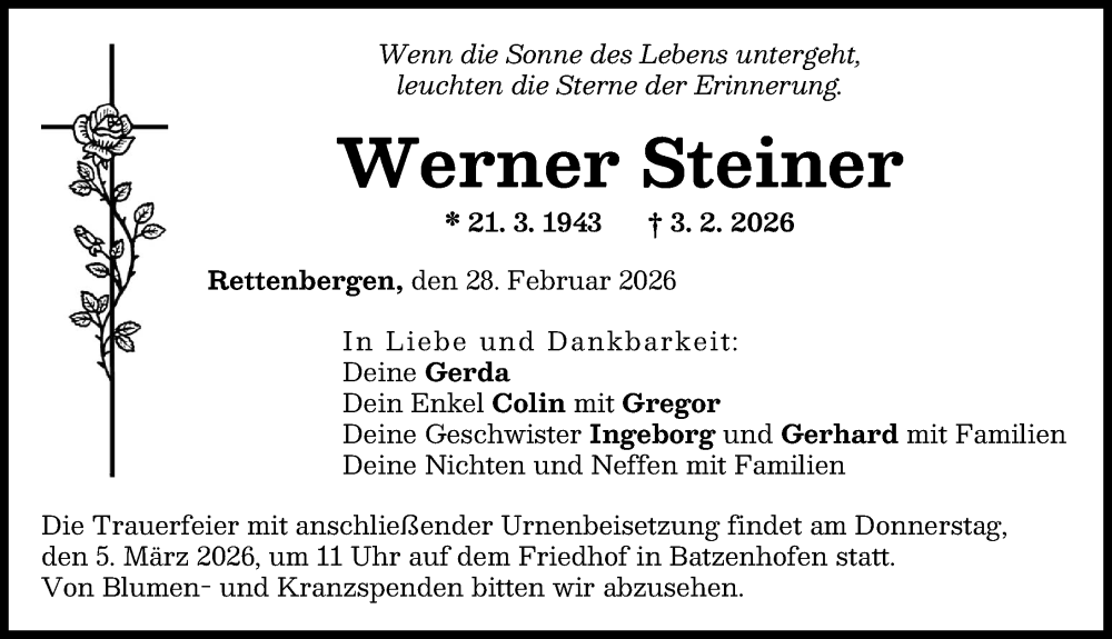  Traueranzeige für Werner Steiner vom 28.02.2026 aus Augsburg-Land