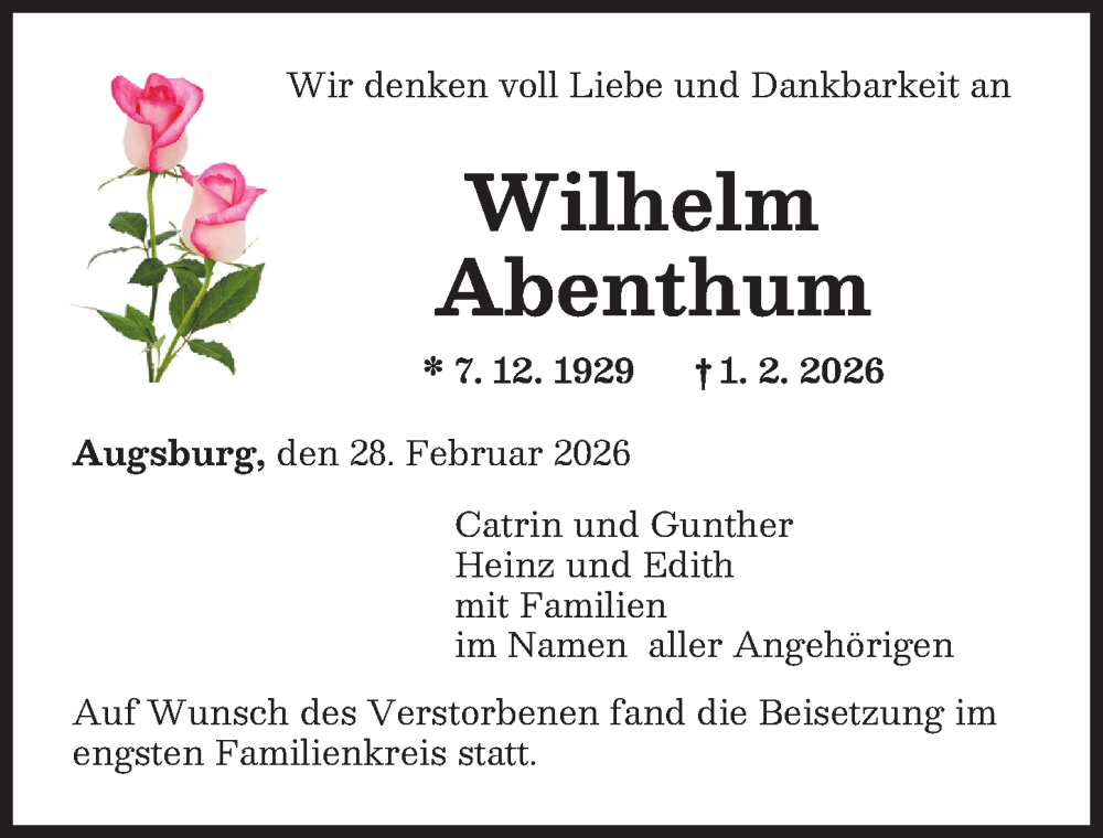  Traueranzeige für Wilhelm Abenthum vom 28.02.2026 aus Augsburger Allgemeine