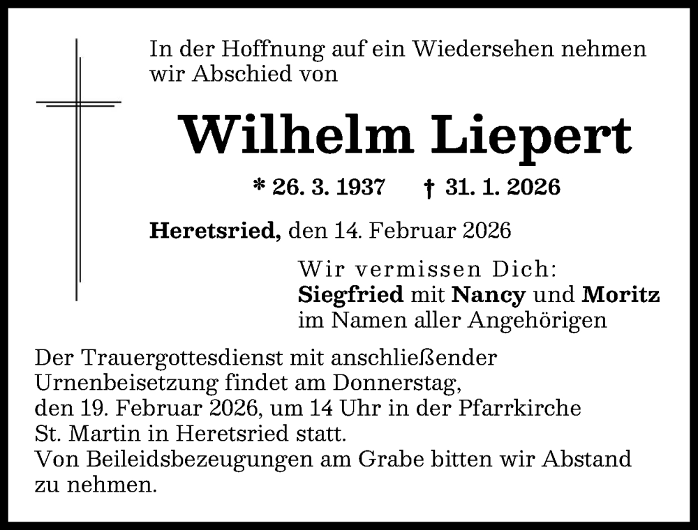  Traueranzeige für Wilhelm Liepert vom 14.02.2026 aus Augsburg-Land