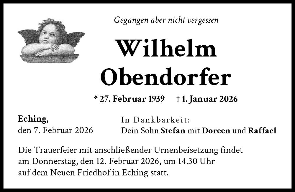  Traueranzeige für Wilhelm Obendorfer vom 07.02.2026 aus Landsberger Tagblatt
