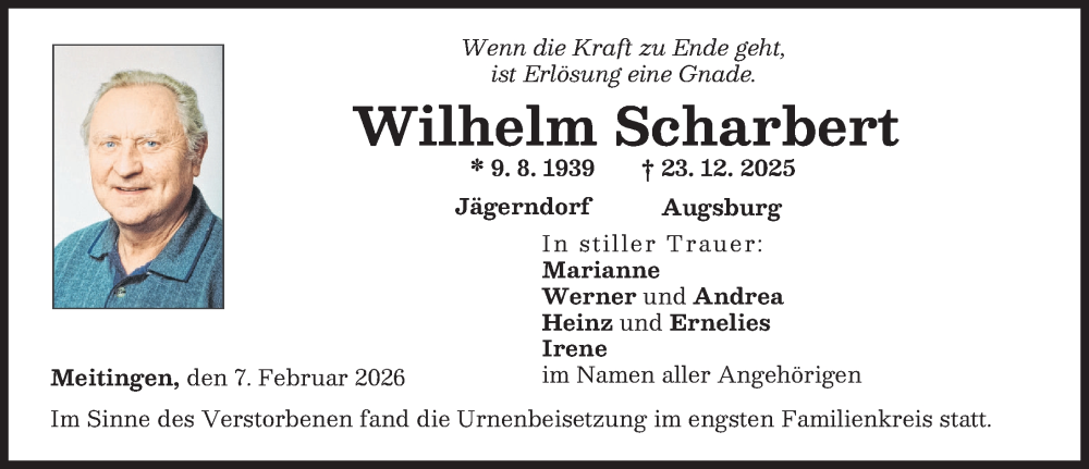  Traueranzeige für Wilhelm Scharbert vom 07.02.2026 aus Augsburg-Land