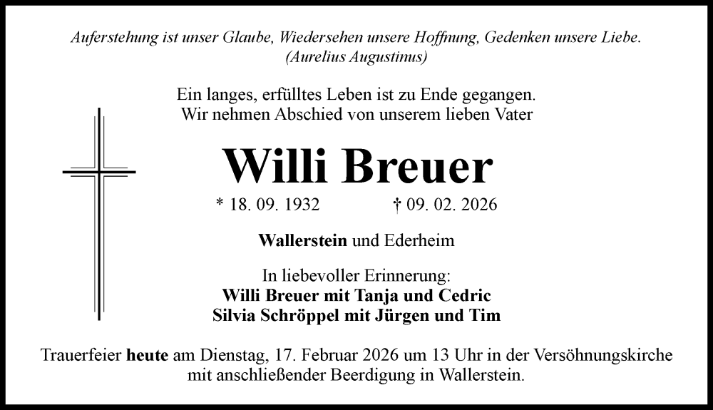  Traueranzeige für Willi Breuer vom 17.02.2026 aus Rieser Nachrichten