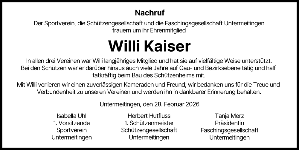  Traueranzeige für Willi Kaiser vom 28.02.2026 aus Schwabmünchner Allgemeine