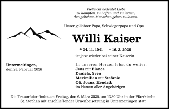 Traueranzeige von Willi Kaiser von Schwabmünchner Allgemeine