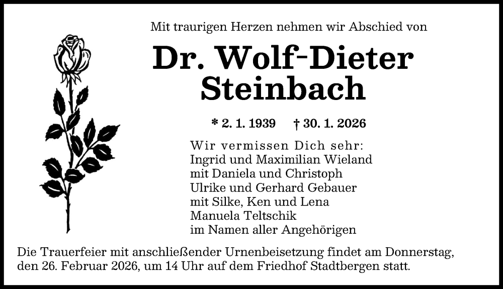  Traueranzeige für Wolf-Dieter Steinbach vom 21.02.2026 aus Augsburger Allgemeine
