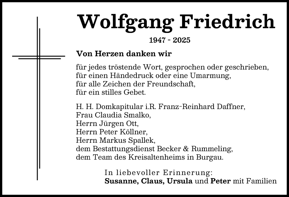  Traueranzeige für Wolfgang Friedrich vom 03.02.2026 aus Günzburger Zeitung