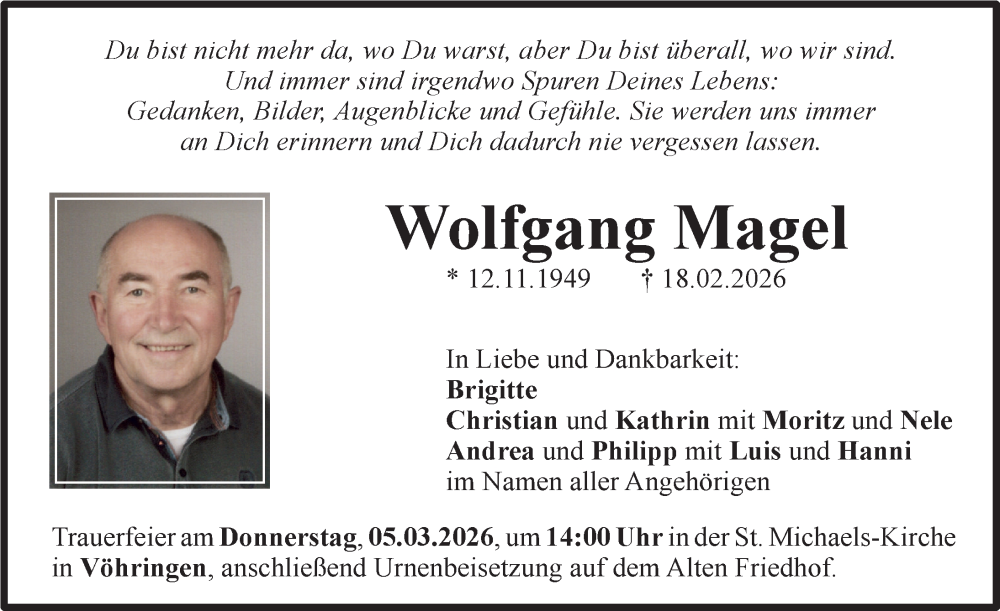  Traueranzeige für Wolfgang Magel vom 28.02.2026 aus Illertisser Zeitung