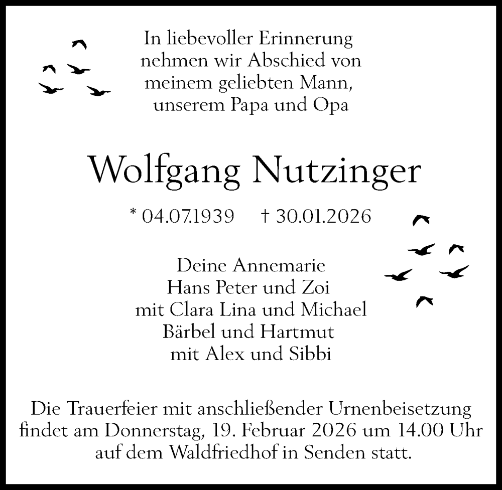 Traueranzeige für Wolfgang Nutzinger vom 14.02.2026 aus Neu-Ulmer Zeitung, Augsburger Allgemeine