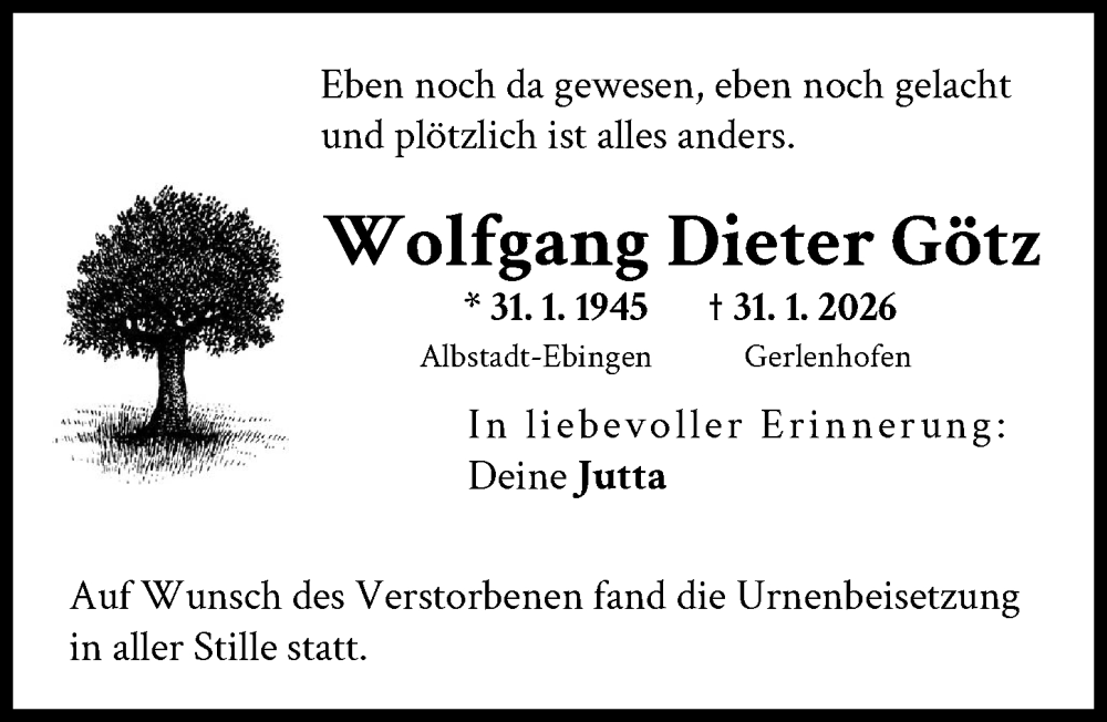  Traueranzeige für Wolfgang Dieter Götz vom 14.02.2026 aus Neu-Ulmer Zeitung