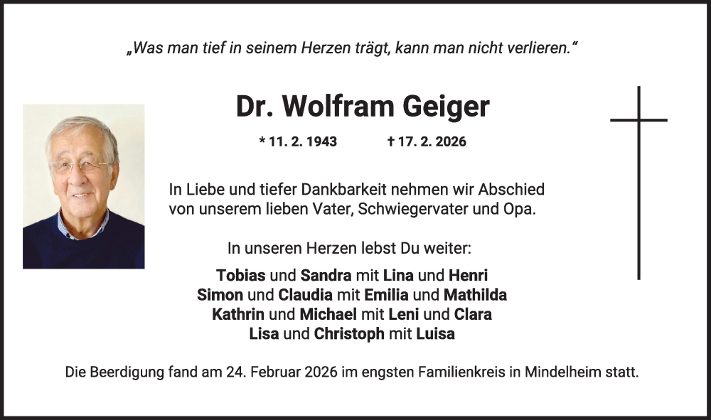  Traueranzeige für Wolfram Geiger vom 28.02.2026 aus Mindelheimer Zeitung
