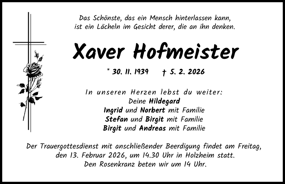 Traueranzeige für Xaver Hofmeister vom 10.02.2026 aus Donau Zeitung