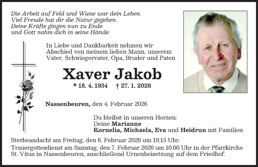  Traueranzeige für Xaver Jakob vom 04.02.2026 aus Mindelheimer Zeitung