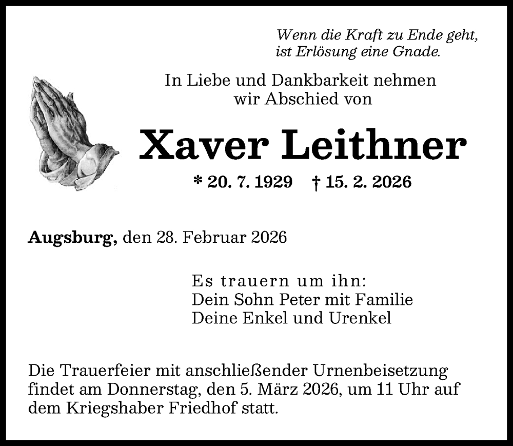  Traueranzeige für Xaver Leithner vom 28.02.2026 aus Augsburger Allgemeine