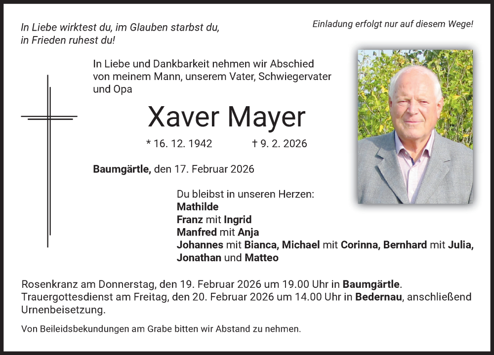  Traueranzeige für Xaver Mayer vom 17.02.2026 aus Mindelheimer Zeitung
