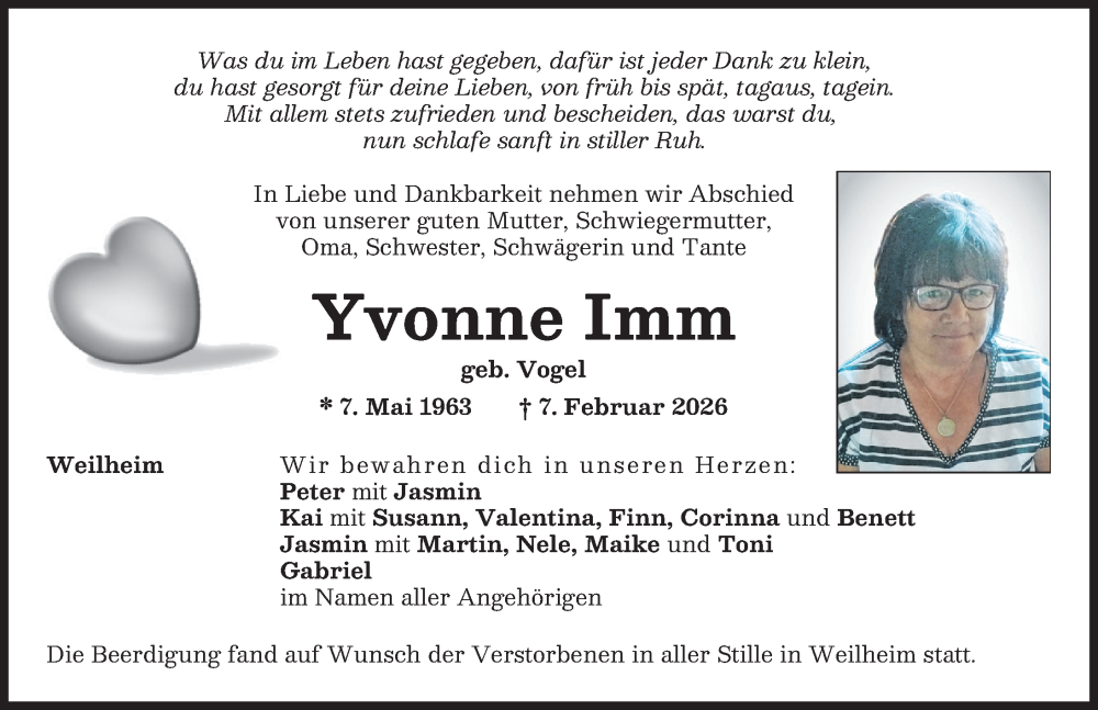  Traueranzeige für Yvonne Imm vom 12.02.2026 aus Donauwörther Zeitung