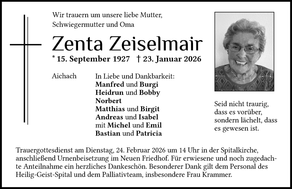  Traueranzeige für Zenta Zeiselmair vom 21.02.2026 aus Aichacher Nachrichten