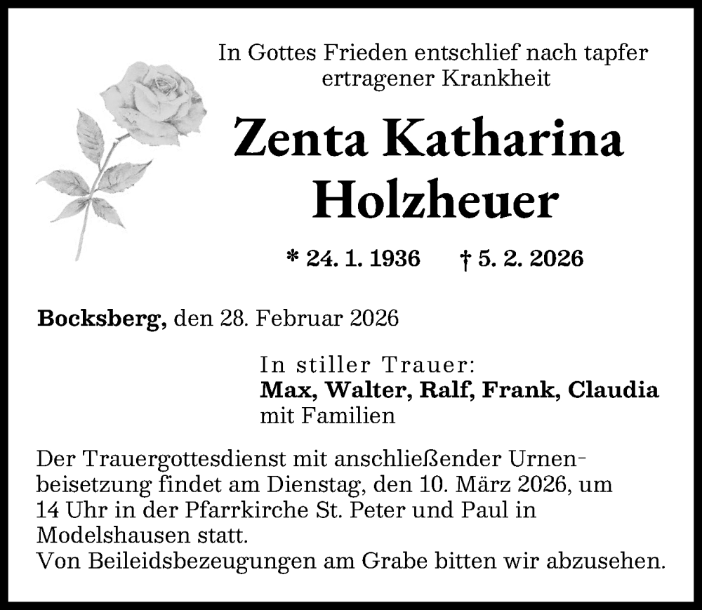 Traueranzeige von Zenta Katharina Holzheuer von Wertinger Zeitung