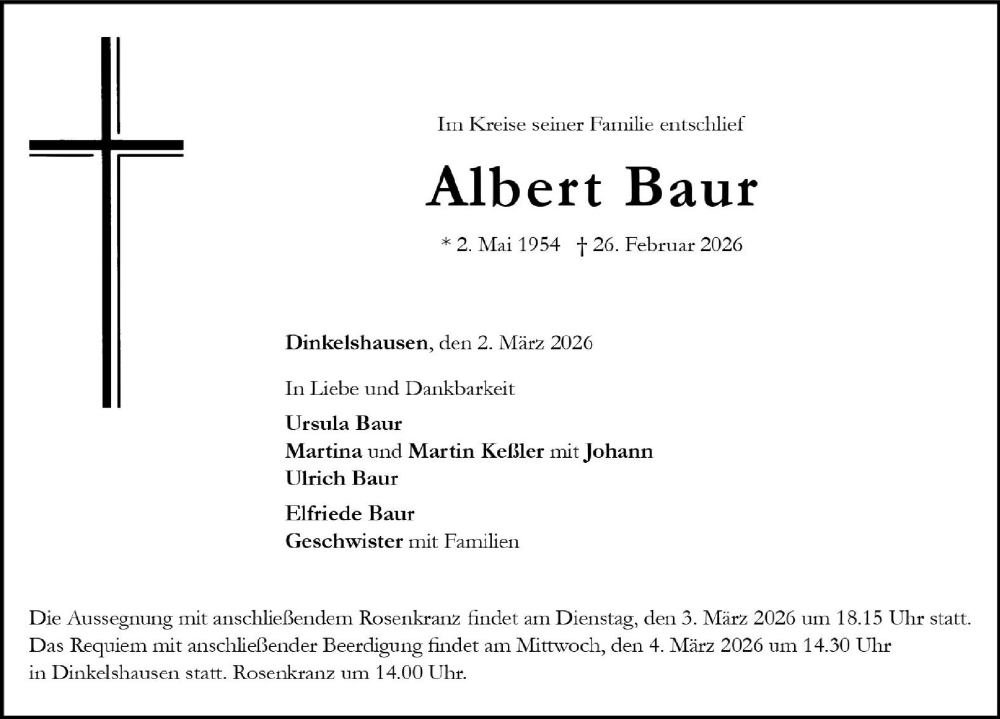 Traueranzeige von Albert Baur von Neuburger Rundschau