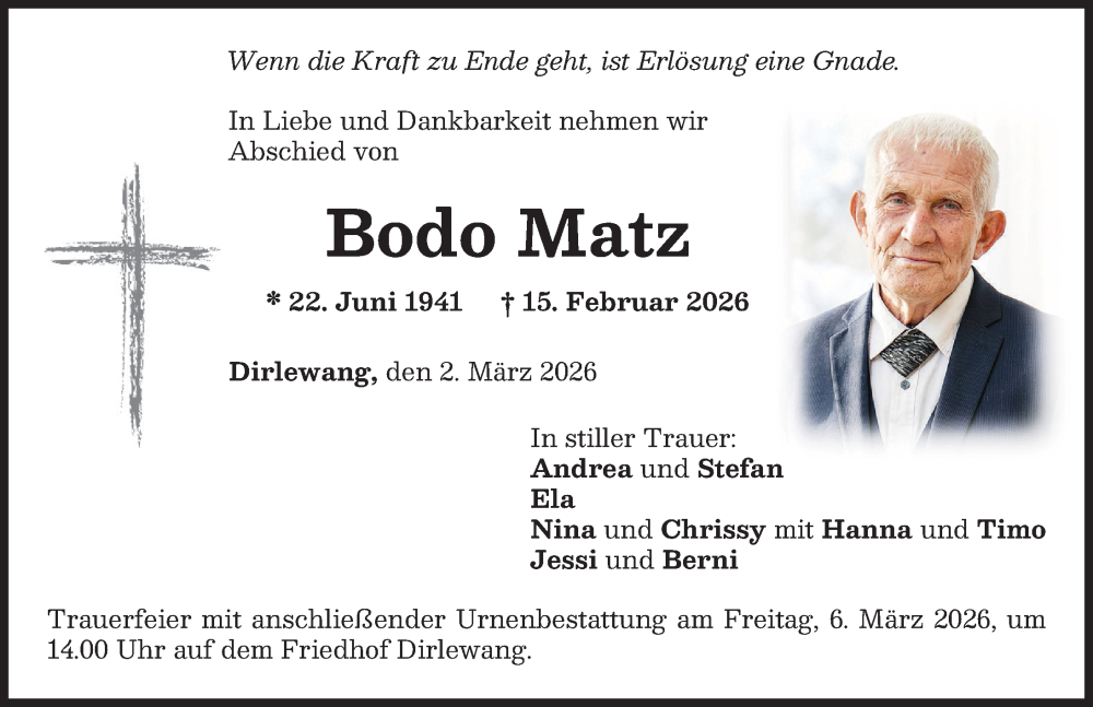 Traueranzeige für Bodo Matz vom 02.03.2026 aus Mindelheimer Zeitung