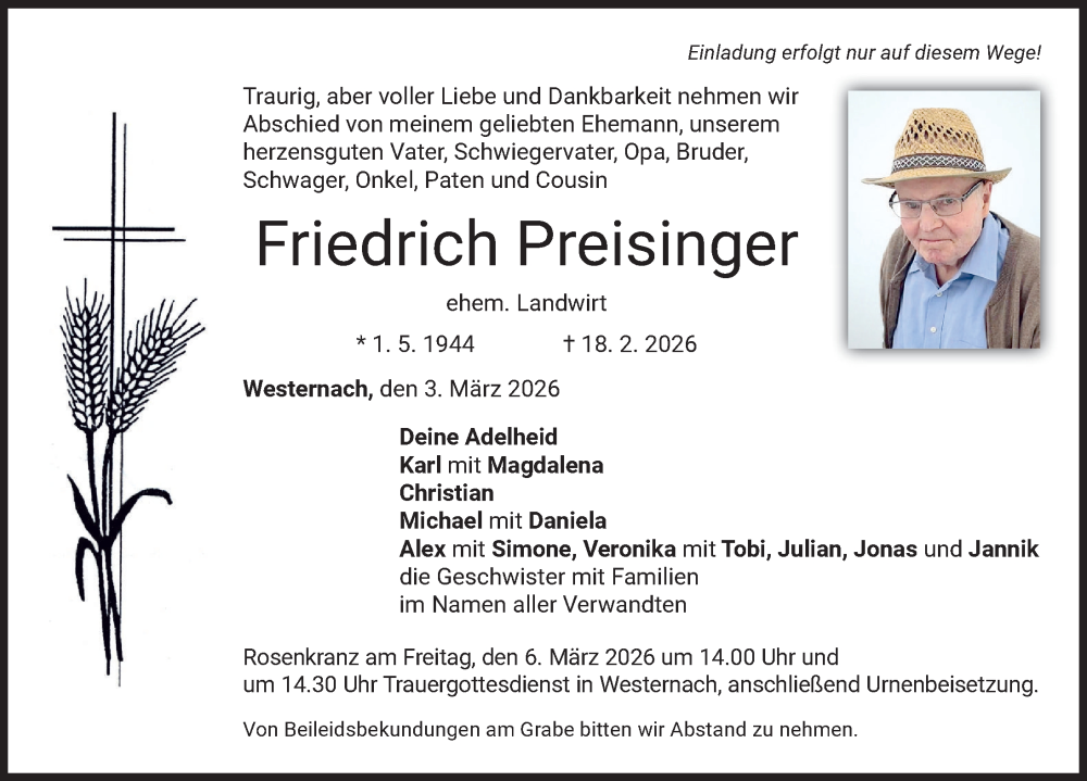 Traueranzeige von Friedrich Preisinger von Mindelheimer Zeitung