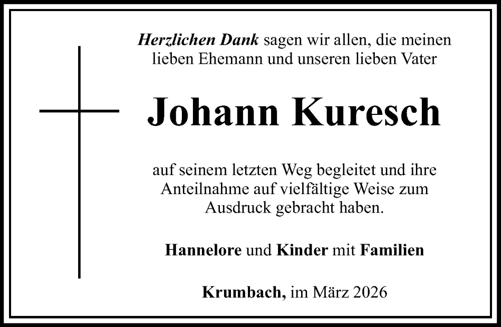 Traueranzeige von Johann Kuresch von Mittelschwäbische Nachrichten