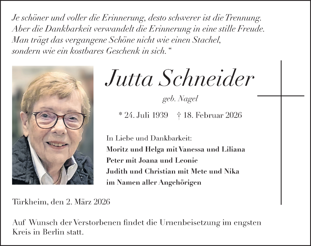  Traueranzeige für Jutta Schneider vom 02.03.2026 aus Mindelheimer Zeitung