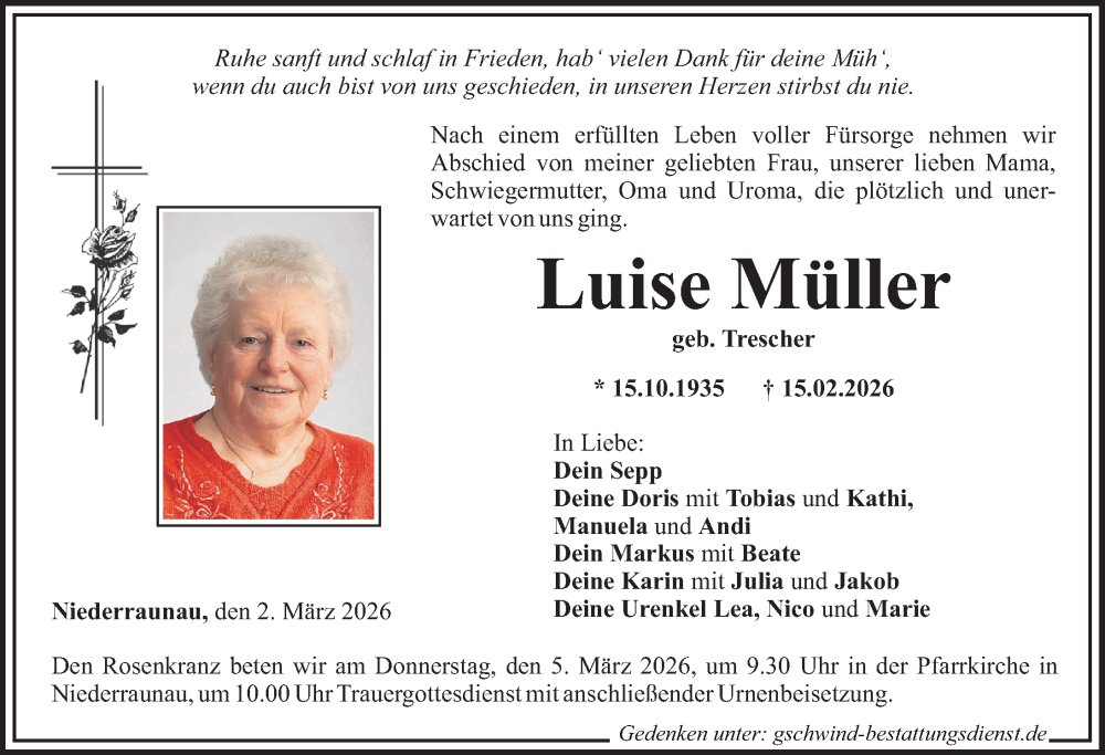  Traueranzeige für Luise Müller vom 02.03.2026 aus Mittelschwäbische Nachrichten