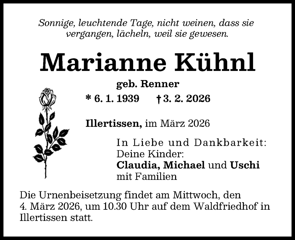 Traueranzeige von Marianne Kühnl von Illertisser Zeitung